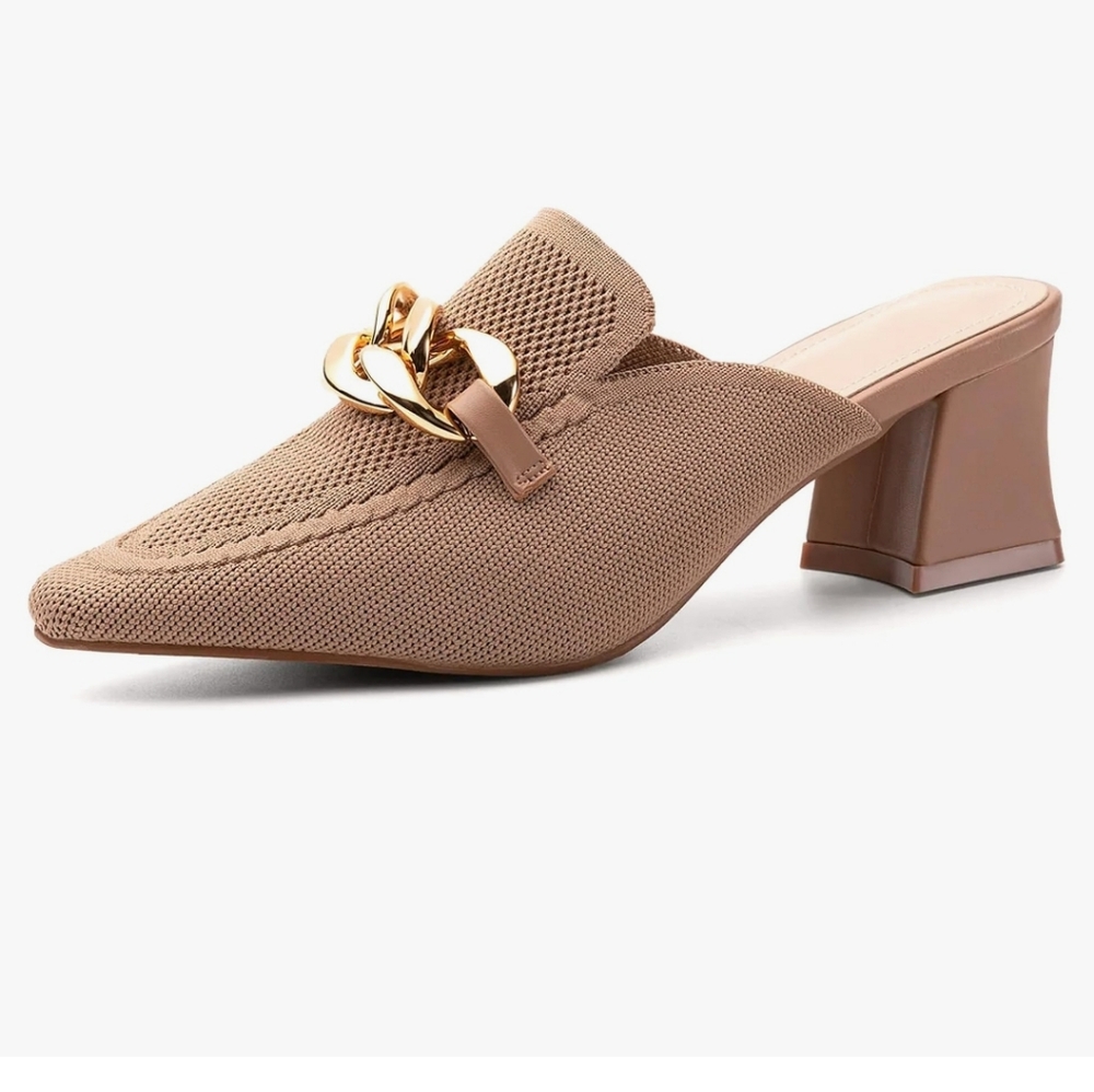 Newbella Knit Pointed Toe Chunky Heel Tan Mules Clogs with Gold Accent 8